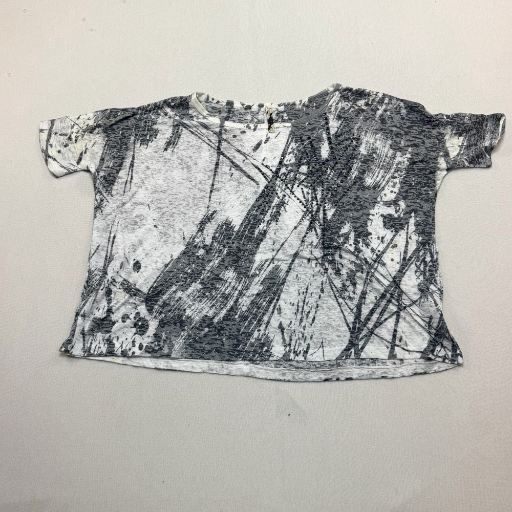 American Rag Top Women Large White Black Good Rhinestone Burnout Abstract Print